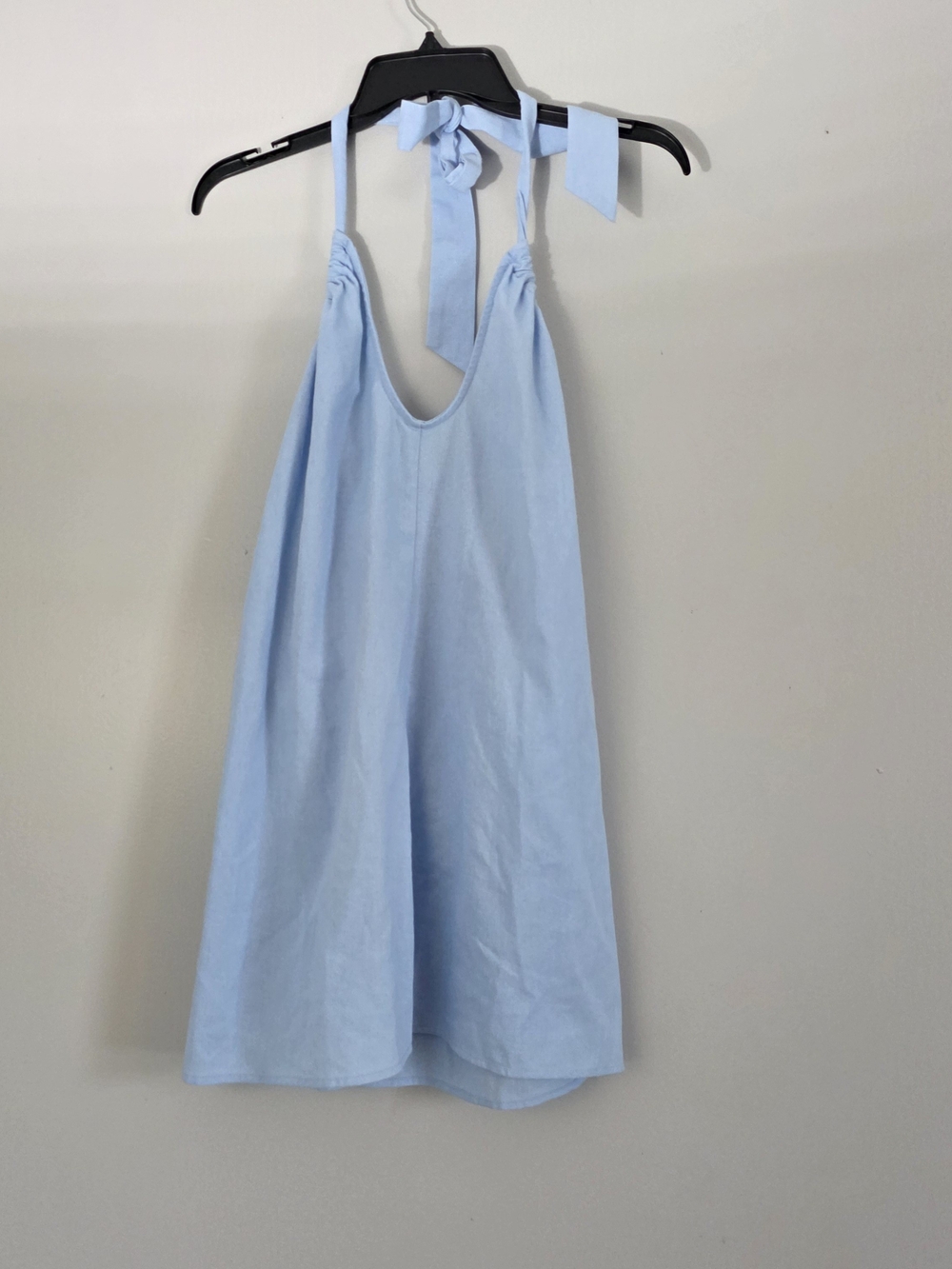 Peppermayo Light Blue Linen Cotton Halter Tie V-Neck Mini Slip Dress Sz 6 Summer